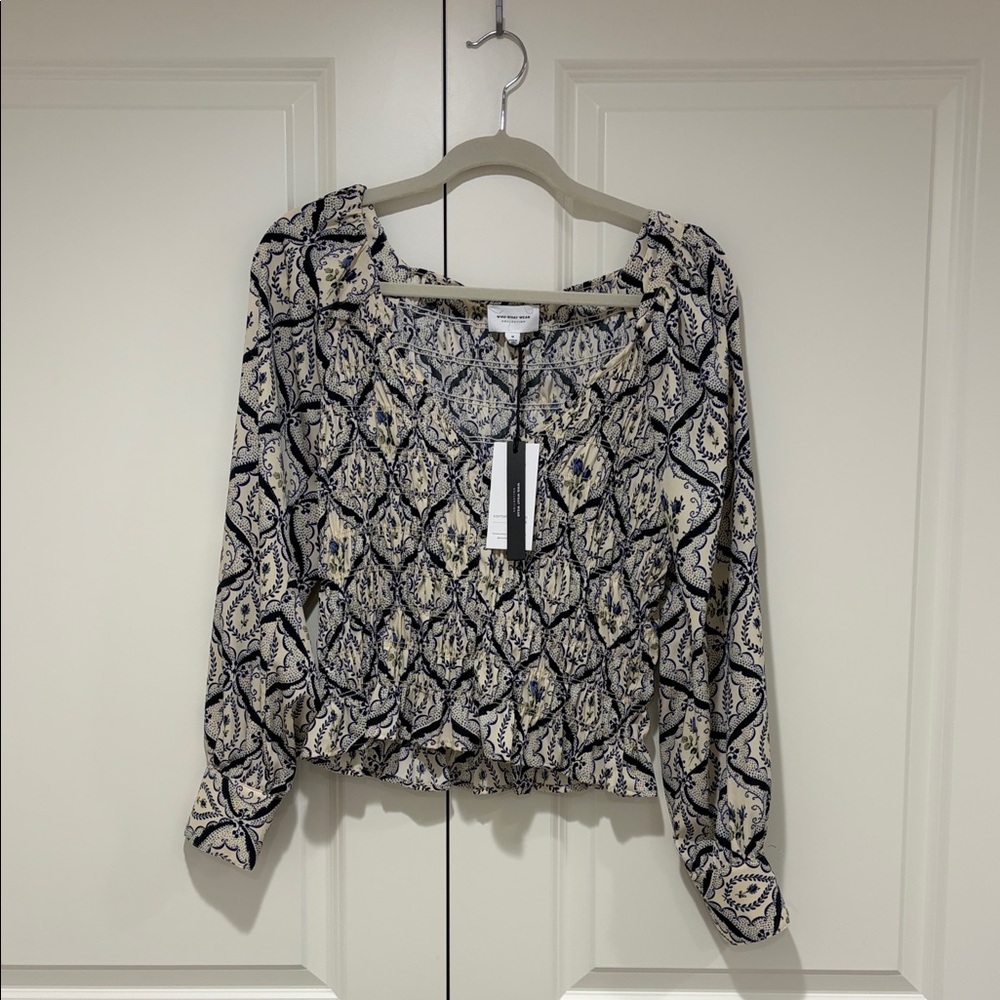 Who What Wear Flower Print Blouse in Cream and Blues